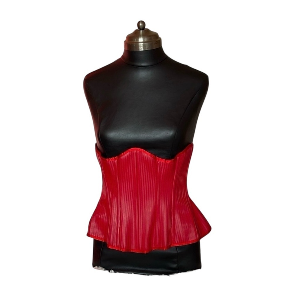 HANDCRAFTED one off below the bust corset NWOT red exterior inside denim